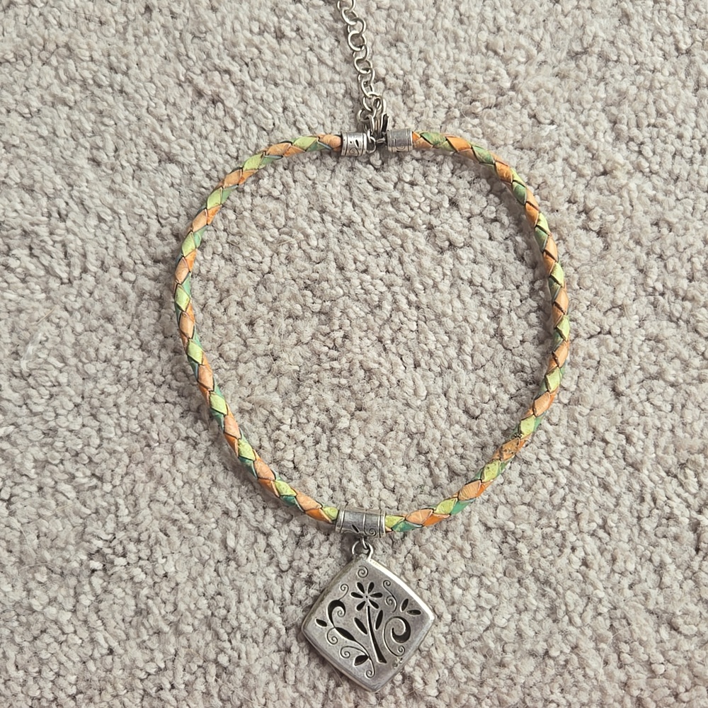 Brighton Braided Colored Leather Necklace with Silver Floral Pendant